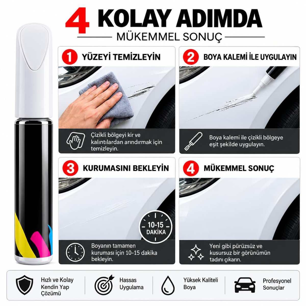 Touch Araç Çizik Rötuş Boya Kalemi 12 ml, 2'si 1 Arada İnce Fırçalı Oto Boya Tamir Kalemi, Çizik ve Sürtünme İzleri İçin Parlak Rötuş Boyası, Otomobil Motosiklet Kaporta Boya Onarım Kalemi (Beyaz)