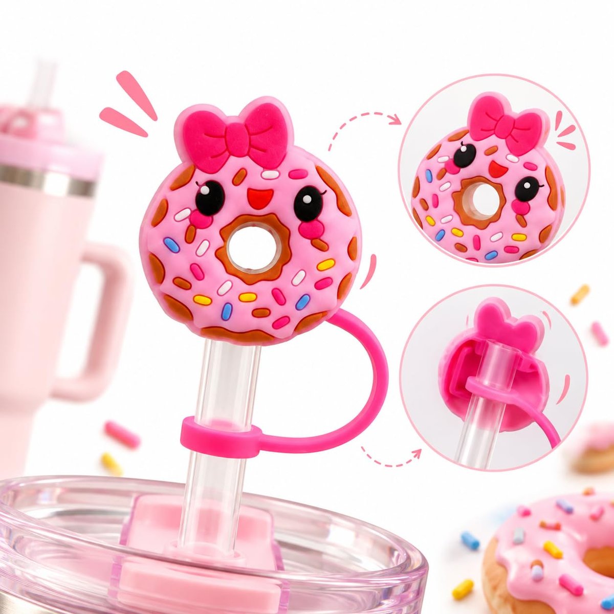 1Adet Sevimli Köpek (rastgele) Stanley Quencher Termos ile Uyumlu // Termos Modelli Pipet Tıpası - Beyaz, Pembe