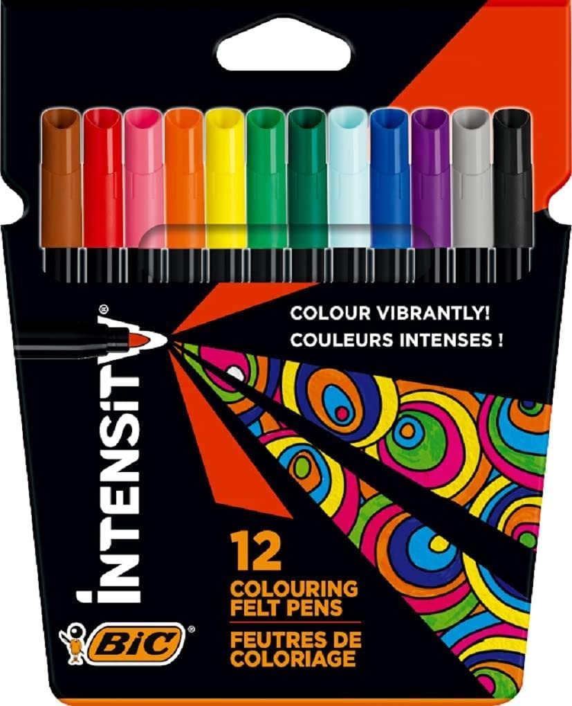 BIC Intensity Keçeli Boyama Kalemi 12 Renk, Su Bazlı Mürekkep, 0.9mm Keçeli Kalem Ucu, Yetişkin Boyama için İdeal