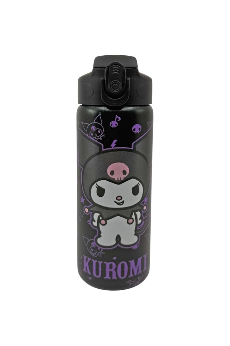 Wiggle 600ml Kuromi Temalı Lisanslı Pipetli Kilitlenebilir Kapak Paslanmaz Çelik Termos Matara (Siyah)