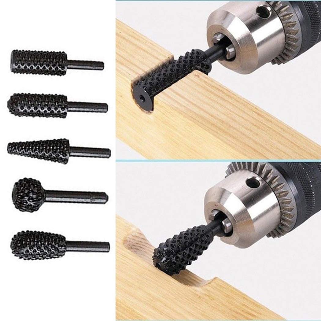 GEWU 1/4 "6 mm Döner Çapak Seti Elektrikli El Aletleri Ahşap Taşlama Oyma Oyma Dosyası Törpü Matkap Uçları Döner Matkap Çapakları Şaft Ucu Seti Ağaç İşleme Kiti için 5'li Paket (Siyah)