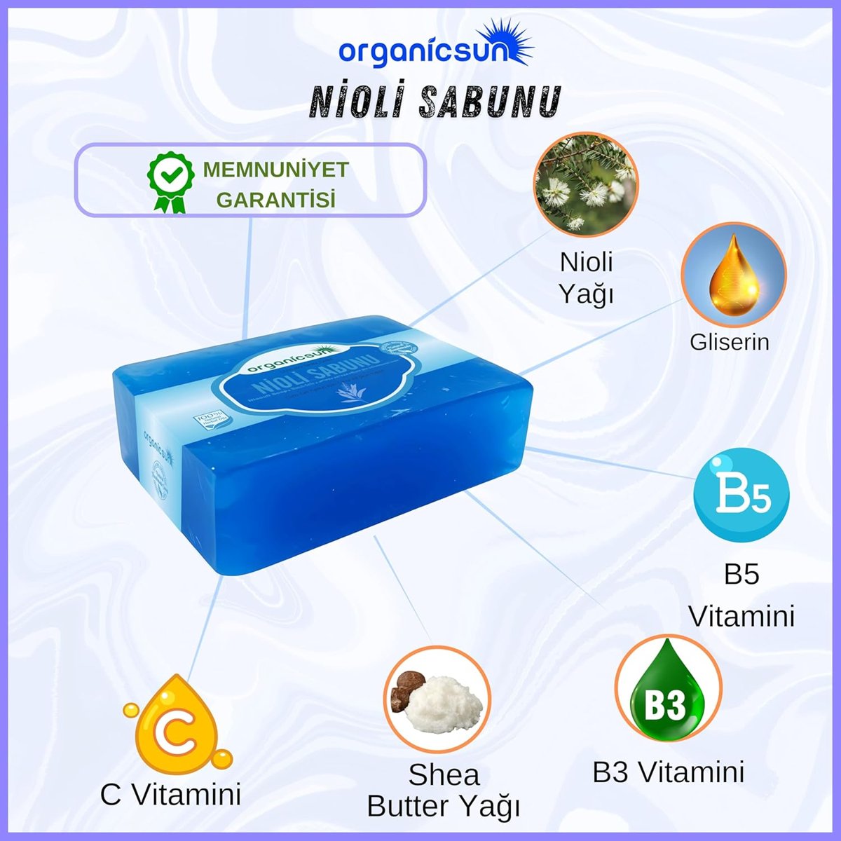 Organicsun Doğal Nioli Sabunu 140 Gr x 3 Adet Tüm Cilt Tipleri İçin Kötü Koku ve Kaşıntı Karşıtı Nioli Yağı Sabunu