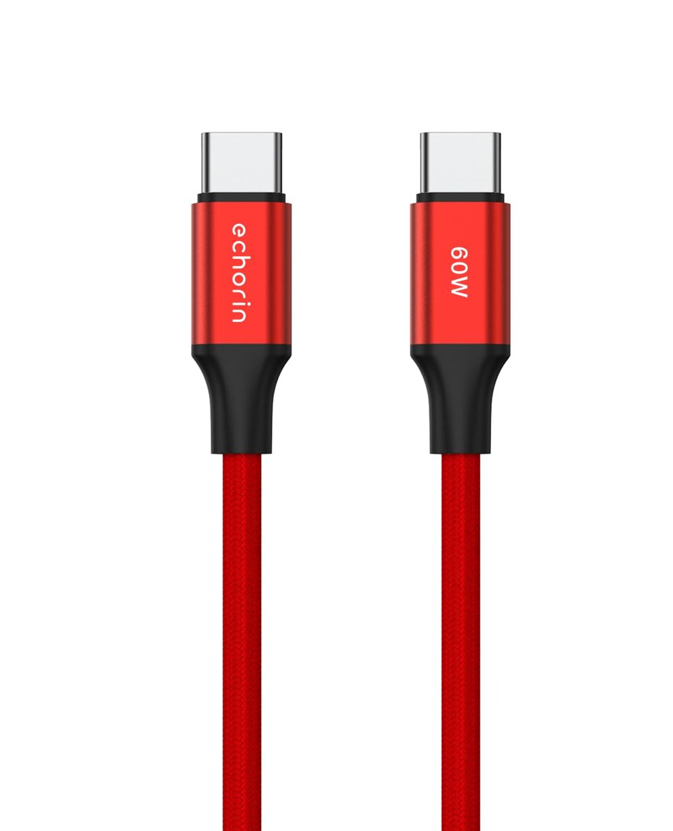 Echorin USB C'den USB C'ye 60W, 2.4A, 1m, PD 2.0, Çift Kat Örgülü Hızlı Şarj ve Data Kablosu (Kırmızı, 1 metre)