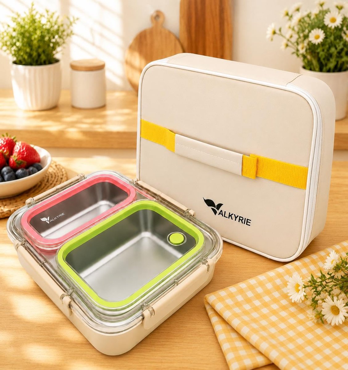 Valkyrie 2 Bölmeli 304 Paslanmaz Çelik Lunch Box | Sızdırmaz Renkli Yemek Taşıma Kabı + Termal Çanta