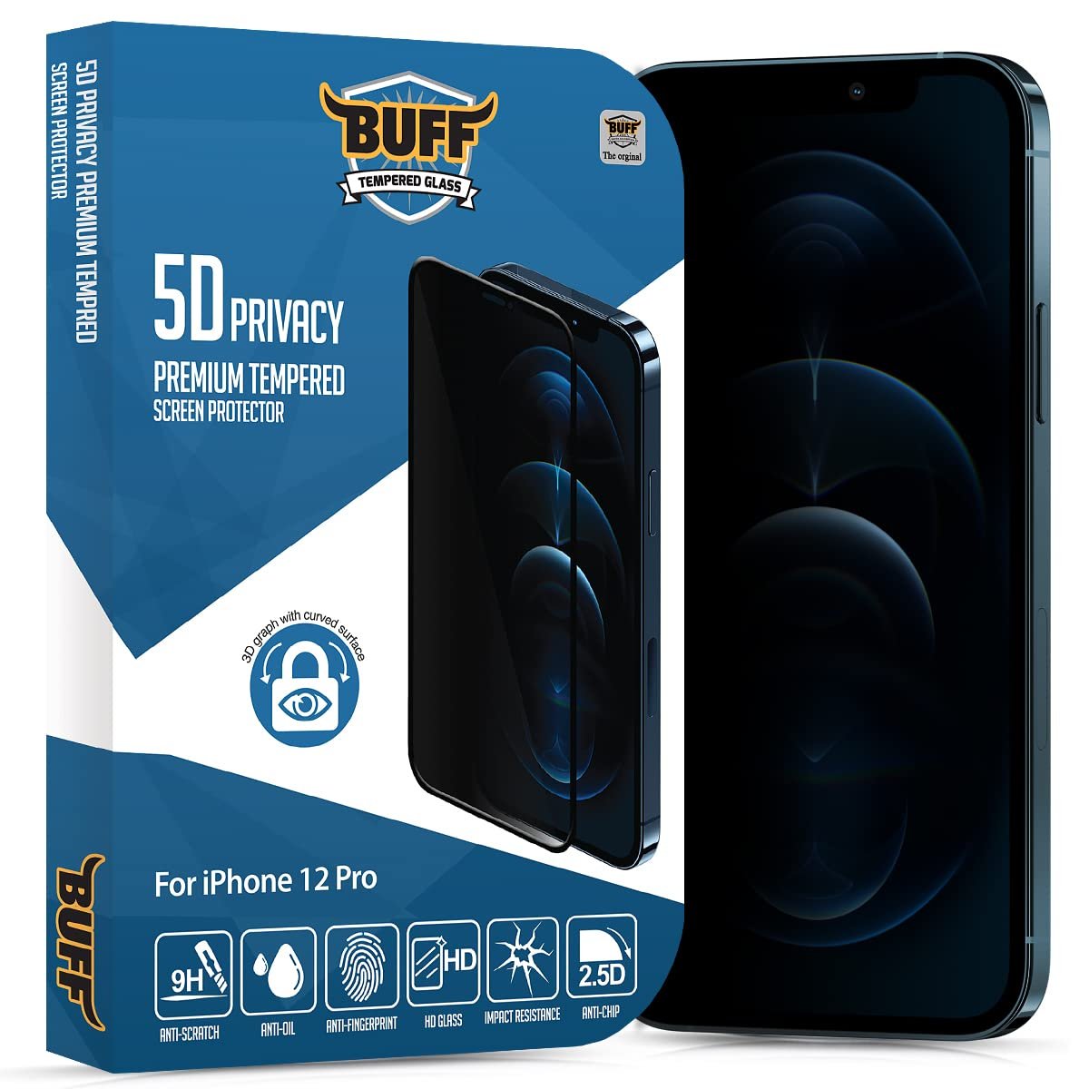 BUFF LABS iPhone 12 Pro 5D Privacy Tam Kaplayan Hayalet Ekran Koruyucu