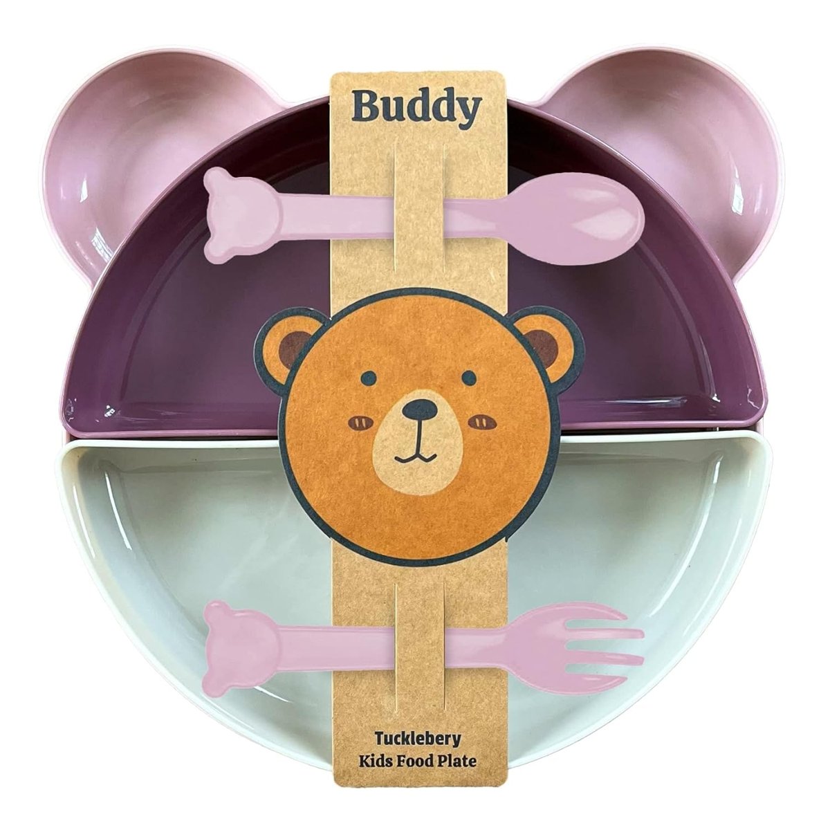 Tucklebery Buddy Mama Tabağı Seti, 1 Ayıcık Tabak 4 Kase Çatal-Kaşık, Bebek ve Çocuklar İçin Yemek Takımı, BPA İçermez, Pembe Mor Bej