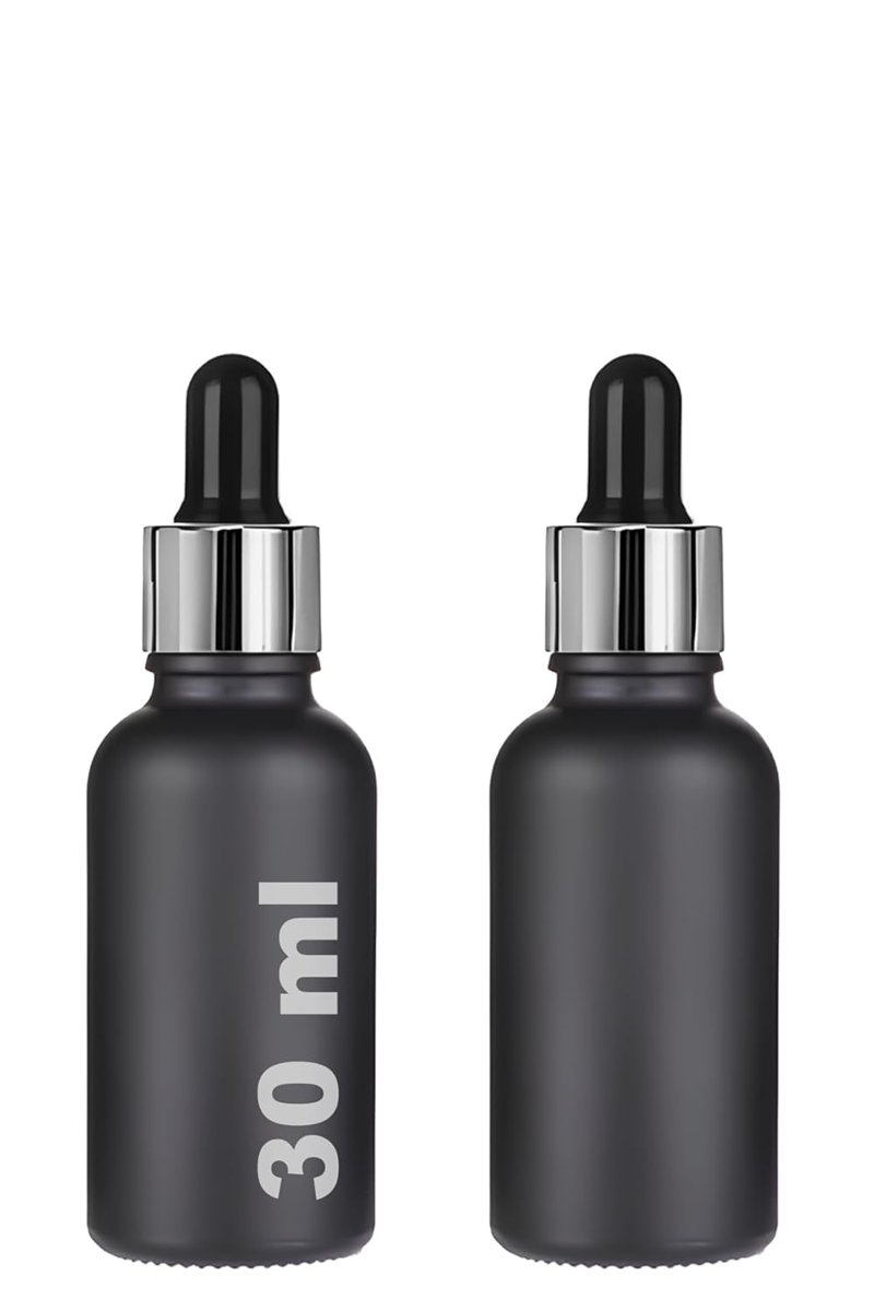30 ml Mat Siyah Cam Damlalıklı Serum Şişesi 30 cc Renkli Metal Kapaklı Dropper Cam Şişe 2 Adet (Gümü