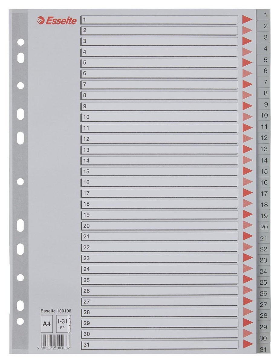 Esselte 1-31 Rakamlı Separatör, A4, Gri, 100108