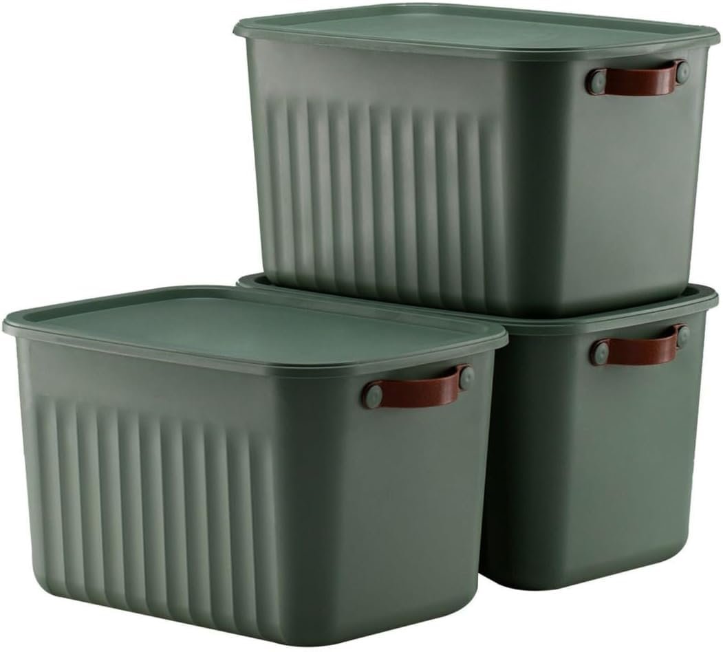 3 Adet Modern Kapaklı Saklama Kutusu Seti -15 Litre – Yeşil- Taşınabilir Kulplu, Dolap İçi Düzenleyi