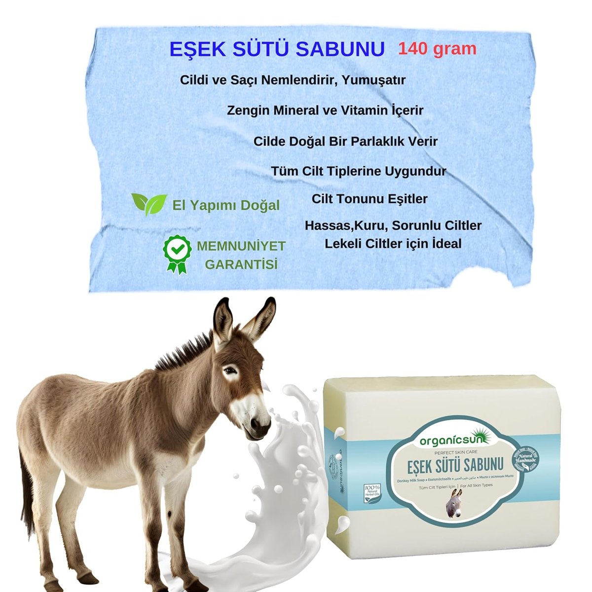 Organicsun Doğal Eşek Sütü Sabunu 140 Gr 1 Adet Tüm Cilt Tipleri İçin Anti Aging Etkili B ve E Vitam