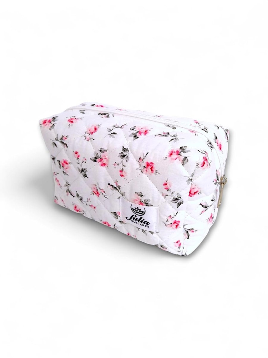 Fulia Elegance Makyaj Çantası | Makeup Bag | Kapitone Bakım Seyahat Kozmetik Çantası (Beyaz-Pembe)