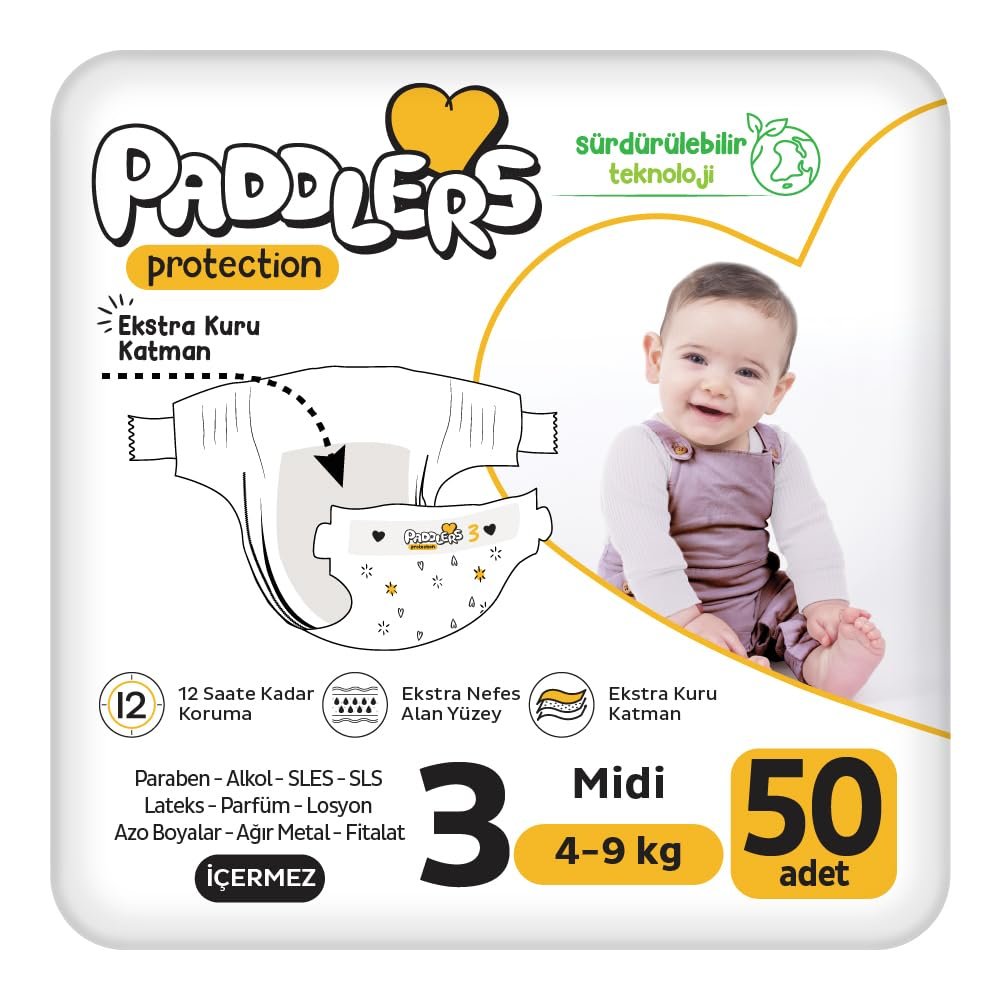 Paddlers Protection Bebek Bezi 3 Numara Midi (4-9 Kg) 50 Adet – Jumbo Paket, Maksimum Koruma