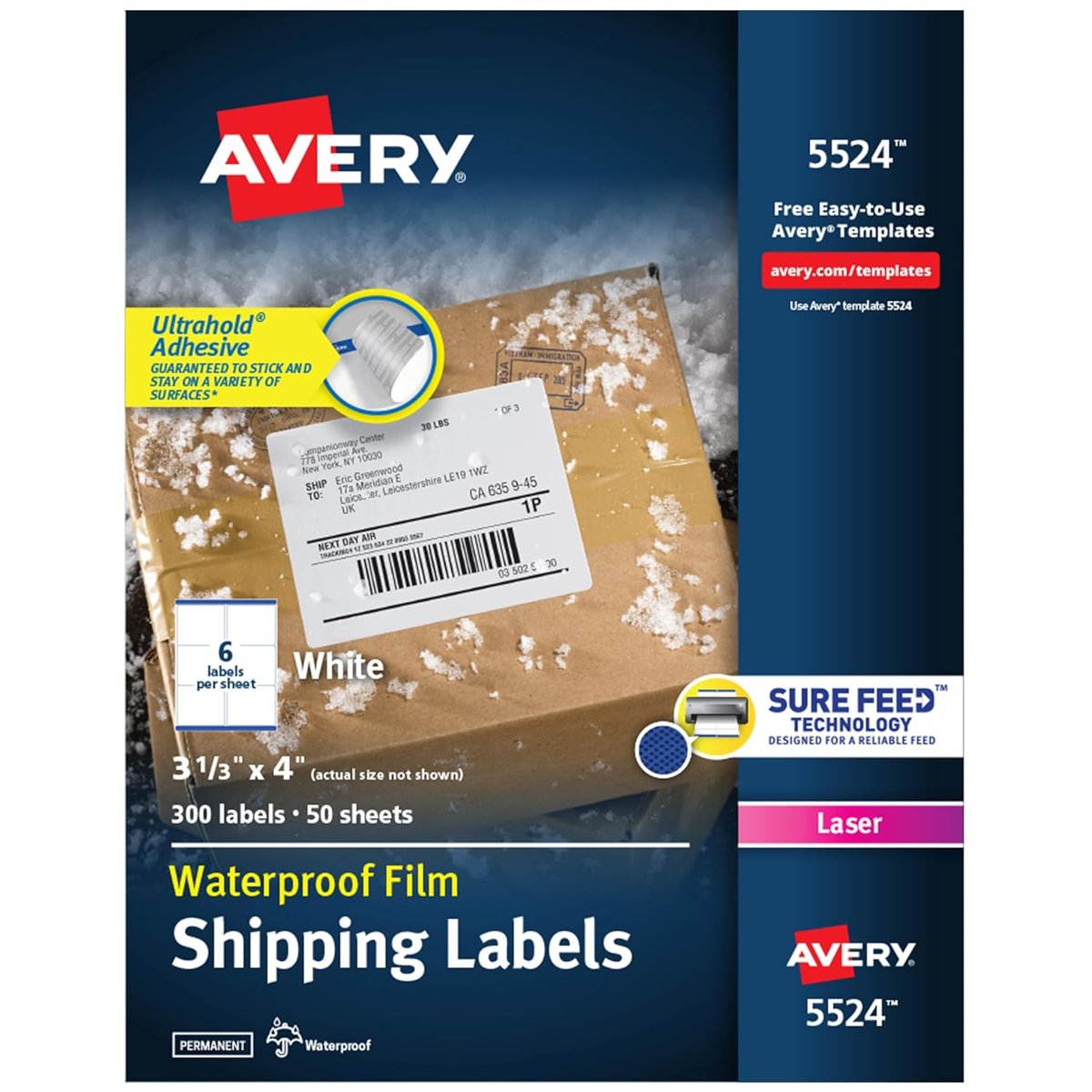Avery Emin Beslemeli Suya Dayanıklı Yazdırılabilir Nakliye Etiketleri, 3-1/3" x 4", Beyaz, 300 Boş Posta Etiketi (5524)
