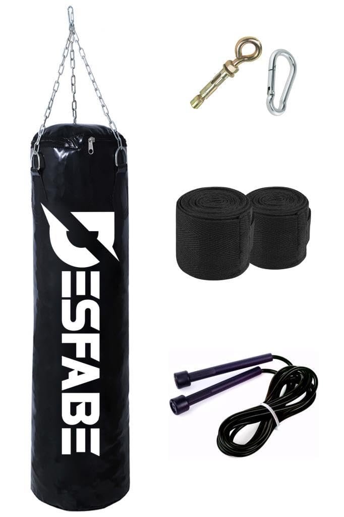 Desfabe Boxing Star 70x25 Cm Zincirli Boks Kum Torbası Siyah+Askı Aparatı+El Bandajı+Atlama İpi