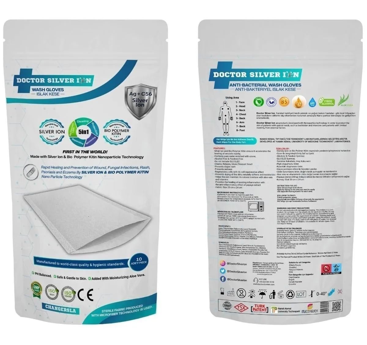 Gümüş İyon  Biyopolimer Kitin Duruluma Gerektirmeyen 10'lu Kremli Vücut Temizleme Kesesi (1 Paket)