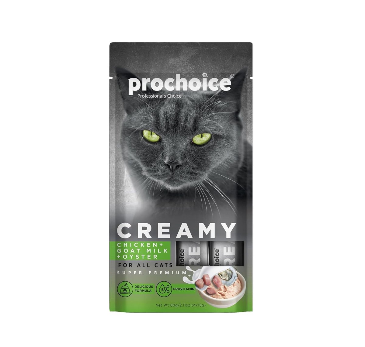Prochoice Creamy Kediler İçin Tavuklu, Keçi Sütlü ve İstridyeli Sıvı Ödül Maması 4x15 gr