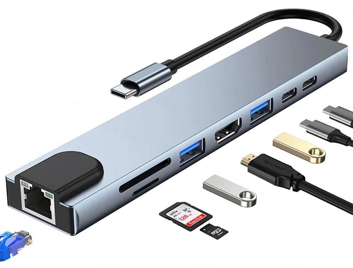 Coverzone 8 in 1 Type C to 2 Port USB 3.0 2 SD Kart TF Kart HDMI RJ45 2PD Kablolu Adaptör iphone 15
