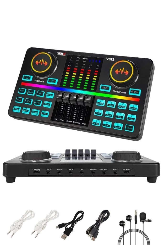 Midex VS22 Üst Seviye Stüdyo Kayıt Canlı Yayın Şarjlı Ses Kartı Efektli Radyo Mikseri (Telefon ve PC