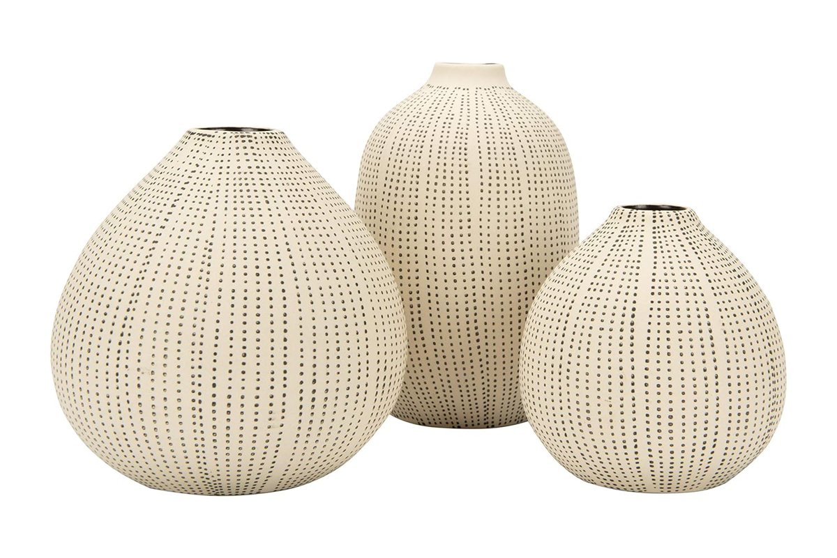 Creative Co-op DF0842 Beyaz Taş Desenli Siyah Puantiyeli (3'lü Set) Vazo