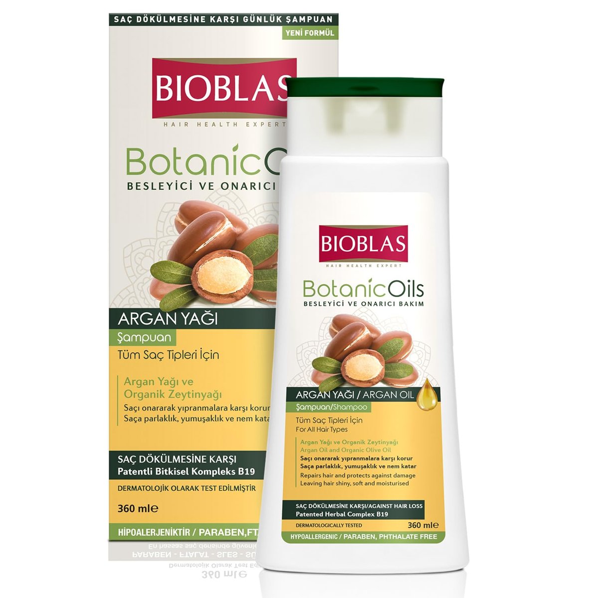 Bioblas Saç Dökülmesine Karşı Bitkisel Şampuan – Argan & Zeytinyağı İçerikli, Biocomplex B19, Parlaklık ve Onarım Sağlayan Şampuan, 360 ml