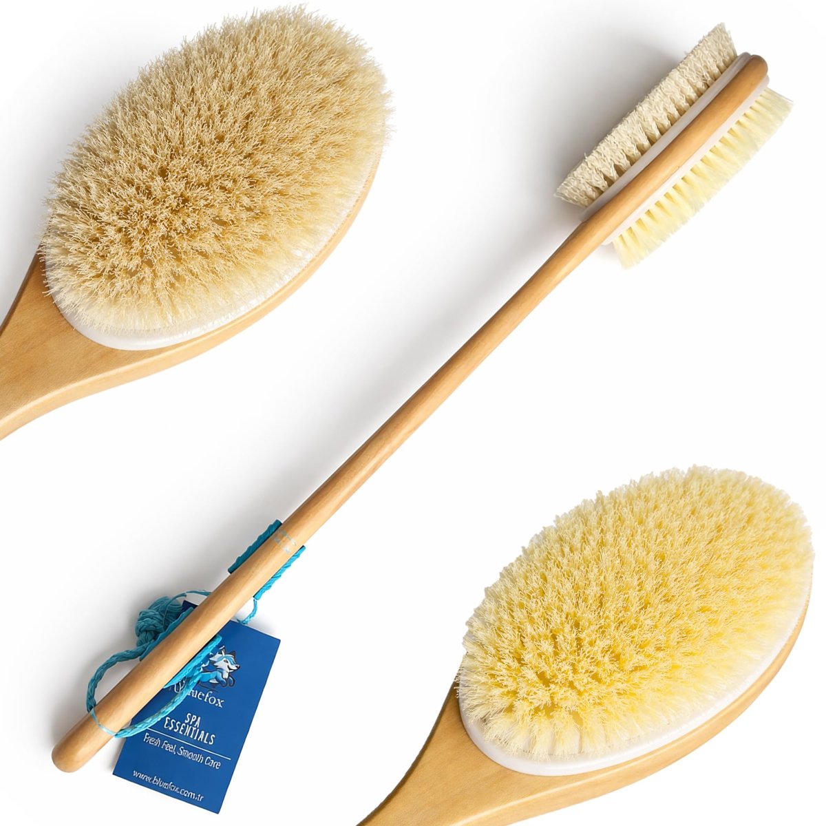 Bluefox Sırt ve Vücut Temizleme Fırçası - 2 Taraflı Sert  Yumuşak Lifli, Bambu Uzun Saplı (43cm), Ölü Deri ve Gözenek Temizleyici, Pürüzsüz ve Canlı Cilt İçin İdeal