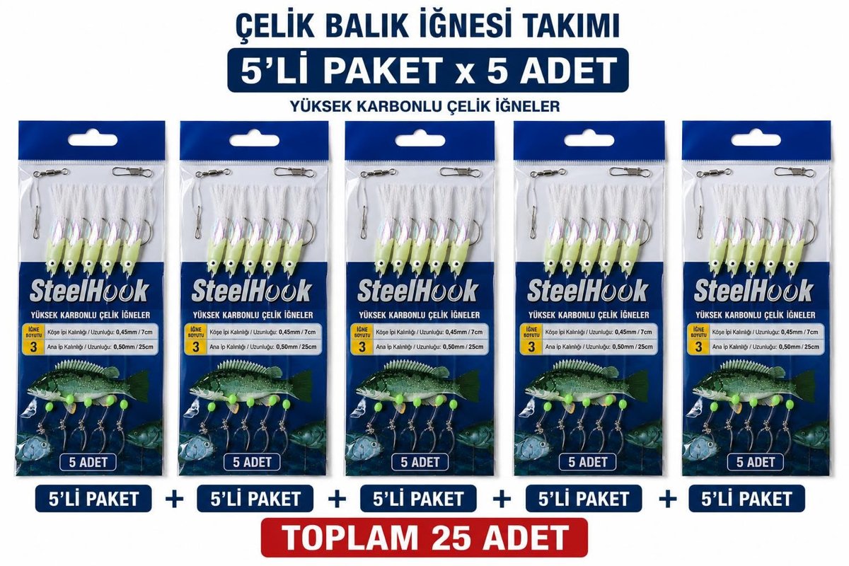 Valkyrie Fosforlu Çelik Balık İğnesi Takımı 5’li Paket x 5 Adet Toplam 25 İğne Hazır Olta Gece Parlayan Yemli Çapari