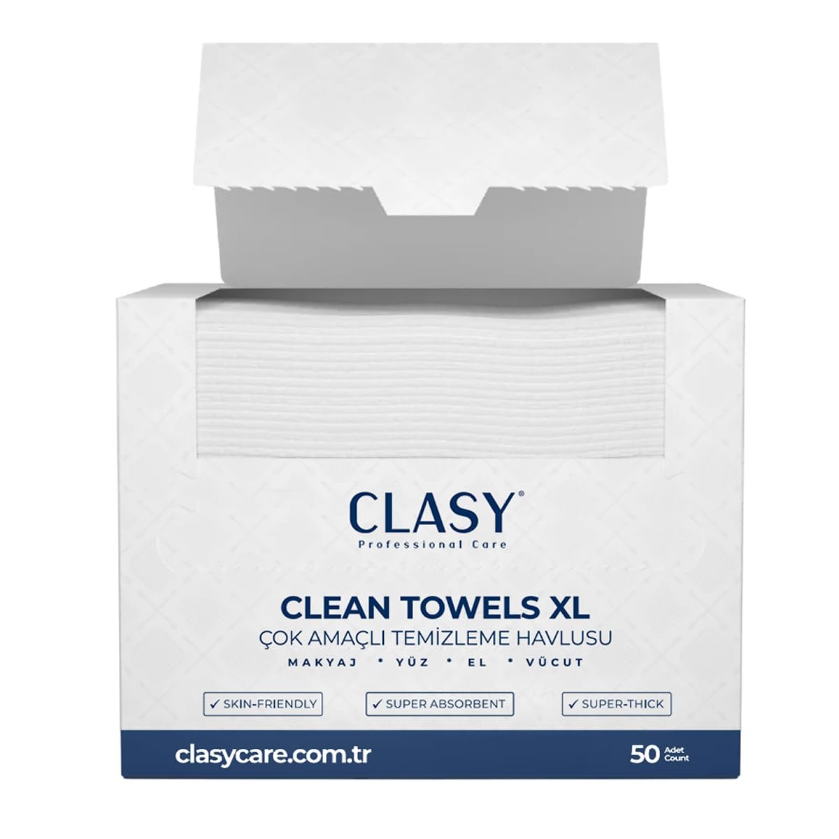 CLASYCARE Clean Towels XL – 50’li Tek Kullanımlık Yüz Havlusu | Ultra Yumuşak, Hijyenik Cilt Bakım v