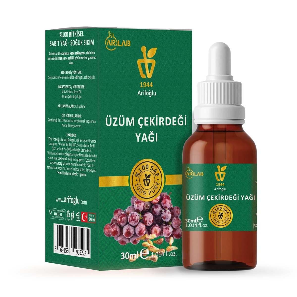 Arifoğlu Üzüm Çekirdeği Yağı 30ml%100 Saf Yağ ARLAB Pure Grape Seeed Oil 30ml