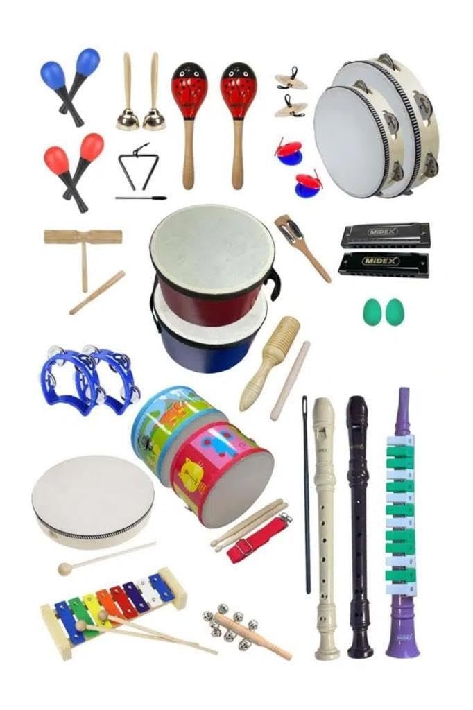 Midex Örf Aletleri Seti Overmuch Paket-2 Marakas Zil Üçgen Ksilofon Melodika Mızıka Davul Flüt (30 Parça)