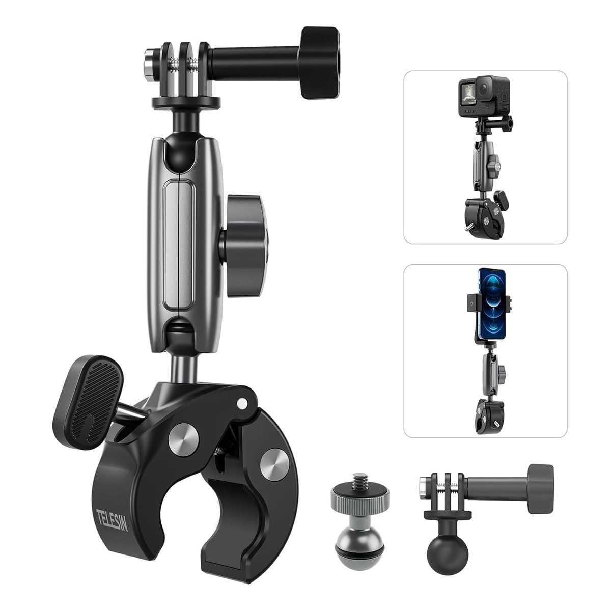 TELESIN Motosiklet Gidonu Bisiklet Montaj Kelepçeleri için GoPro Hero 13 12 11 10 9 DJI OSMO Action 5 Pro 4 3 Insta360,360° Çift Top Başlı Kelepçe Tutucu 1/4-20 mm Kamera ve Telefon için Adaptör