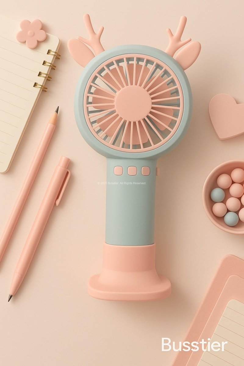 Busstier Geyik Boynuzlu Mini El Fanı, 20 cm Taşınabilir Şarjlı Masaüstü Fan, Tek Kademeli Hız, Kompakt Fan Tasarımı, 7 cm Çaplı Vantilatör, USB Şarjlı, Çocuklar İçin Uygun