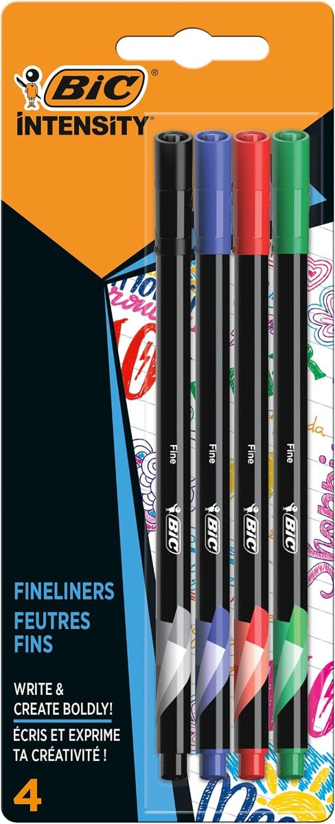 BIC Intensity Fine Liner Keçe Uçlu Kalem 4'lü Blister Klasik Renkler, Siyah,Mavi,Kırmızı ve Yeşil Renk, 0.4 mm. Çizgi Kalınlığı