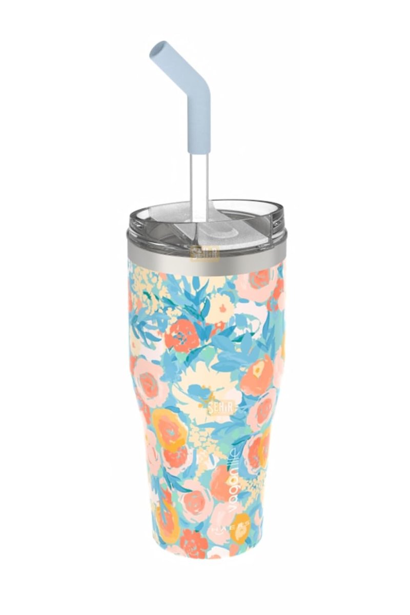 Vagonlife 590ml Desenli Pipetli/Pipetsiz Çift Kullanım Tumbler Kahve Bardağı/Mug Paslanmaz Çelik Termos (Flowers)