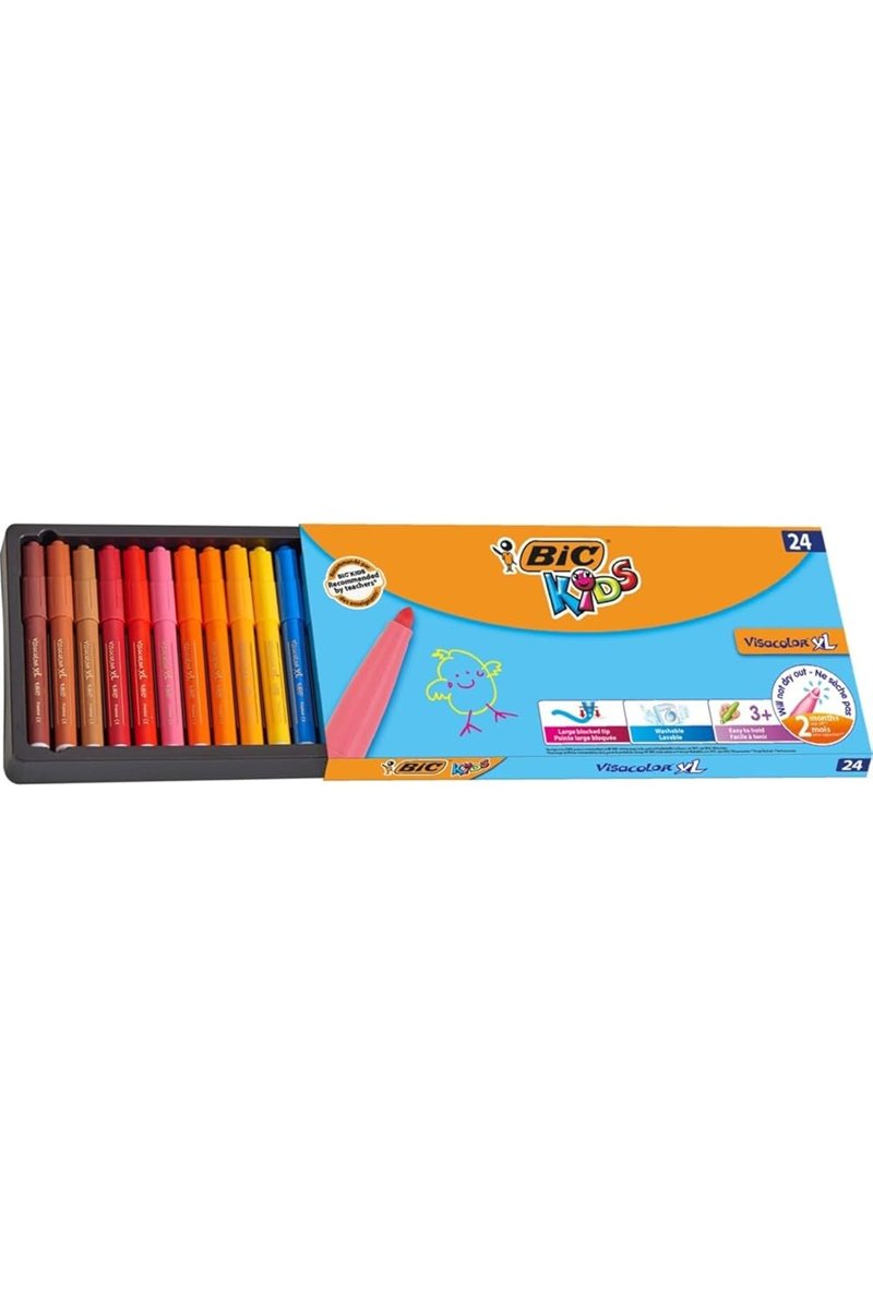 BIC Kids Visa Color XL Keçeli Boya Kalemi 24 Renk, Su Bazlı Mürekkep, Kolayca Çoğu Kumaştan Çıkar, 3 Yaş ve Üzeri Çocuklar için İdeal