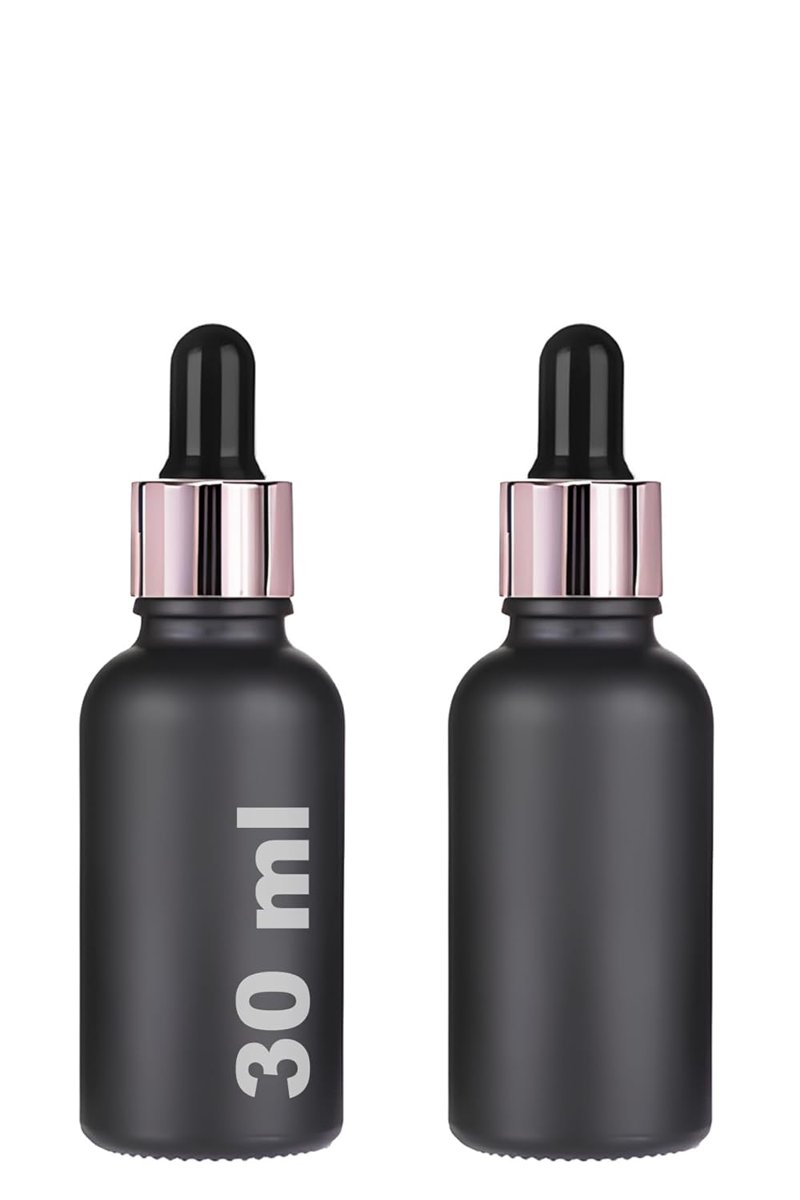 30 ml Mat Siyah Cam Damlalıklı Serum Şişesi 30 cc Renkli Metal Kapaklı Dropper Cam Şişe 2 Adet (Rose Gold Yüzük | Siyah Lastik)