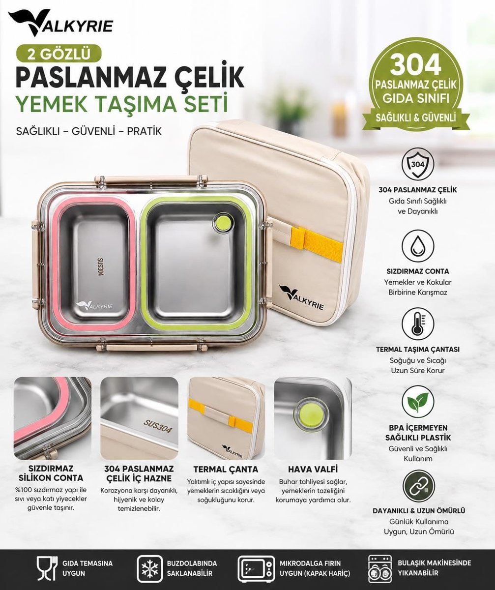 Valkyrie 2 Bölmeli 304 Paslanmaz Çelik Lunch Box | Sızdırmaz Renkli Yemek Taşıma Kabı + Termal Çanta