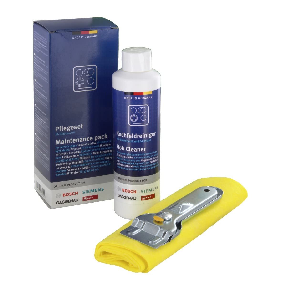 Bosch/Siemens 6900311502 Cam Seramik Ocaklar için Bakım Seti, 1 x 250 ml Cam Seramik Temizleyici, Metal Kazıyıcı ve Temizleme Bezinden Oluşur, Orijinal No.: 311502