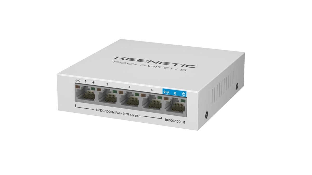 Keenetic PoE+ Switch 5, 1x1Gbit, 4x1Gbit PoE+ Port, IEEE 802.3af/at (max.30W/port), 60Watt