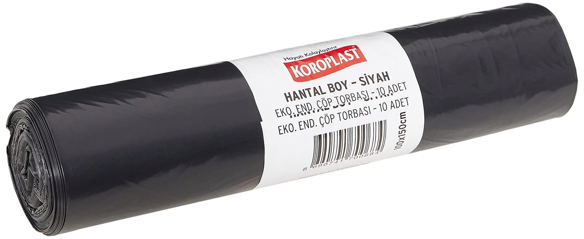 Koroplast Ekonomik Endüstriyel Çöp Torbası Hantal Siyah 10’lu 100×150 cm, Kalın  Yırtılmaz, Sızdırmaz, Çift Katlı, Geri Dönüştürülebilir, Fabrika, Depo, Kafe, Otel, İnşaat Alanı, Hastane, Bahçe