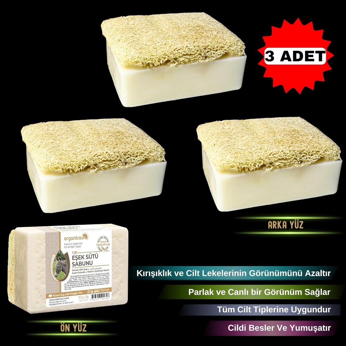 Organicsun Doğal Kabak Lifli Eşek Sütü Sabunu 120 Gr x 3 Adet Tüm Cilt Tipleri İçin Kırışıklık ve Yaşlanma Karşıtı B ve E Vitaminli
