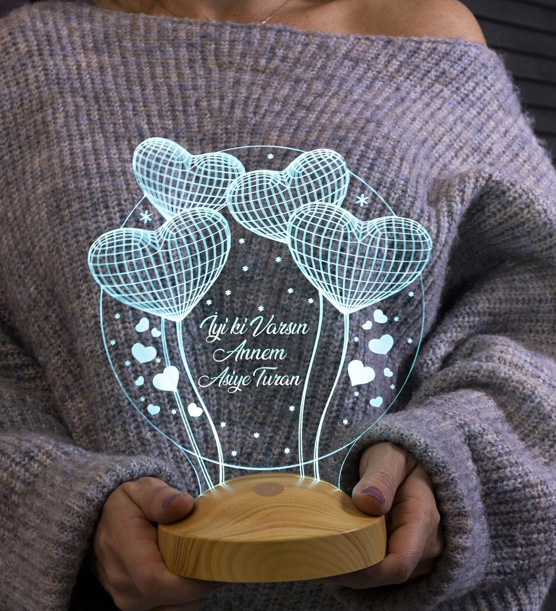 Anneler Günü Hediyesi, Anneye Hediye, Anneye Doğum Günü Hediyesi Balon Kalpler Küre Kişiye Özel 3D Led Lamba