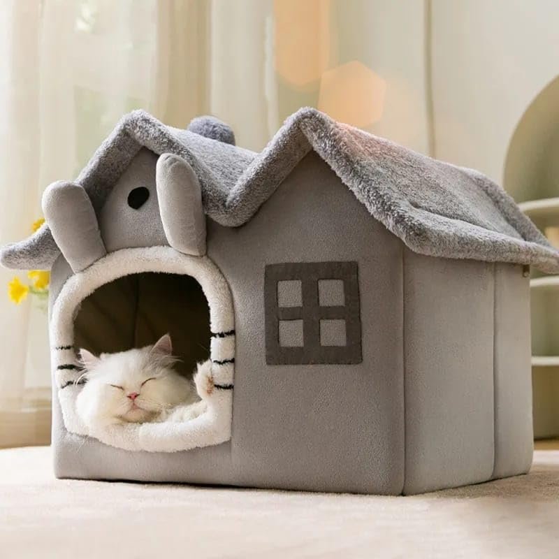 Tineke Kedi Evi Yumuşak Kedi Yatağı Derin Uyku Ve Kış Evi Çıkarılabilir Minder -villa 1adet (GRİ KÜÇ