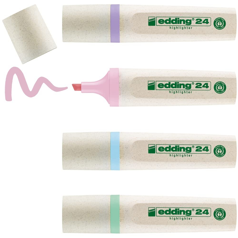 edding 24 EcoLine Fosforlu Kalem, 4'lü Set, Karışık Renkler, Kesik Uç