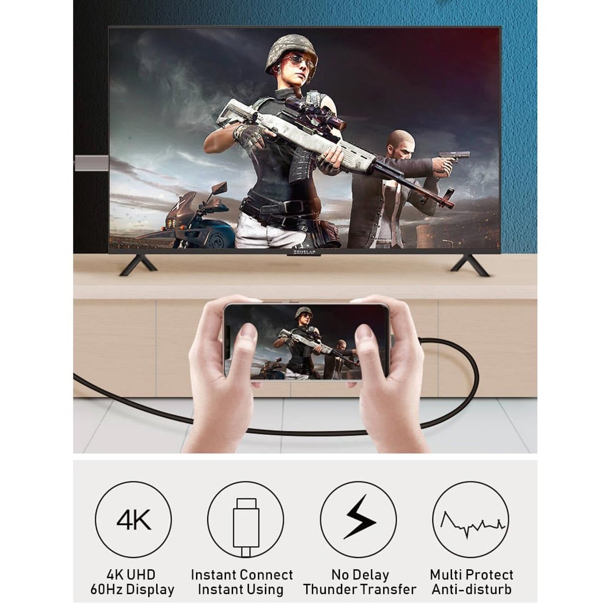Apera Onezero ZR-627 MT57 4K 60hz HDMI Çevirici i-Phone 15 ile Uyumlu Kablo Type-C Thunder-bolts Altın Uçlu