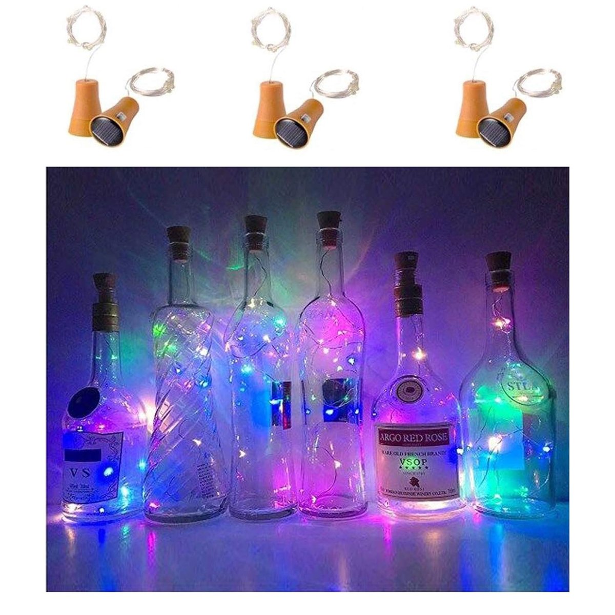 6'lı Paket Güneş Enerjili Şarap Şişesi Işıkları, 20 LED Su Geçirmez Bakır Mantar Güneş Işığı Düğün, Noel, Dış Mekan, Tatil, Bahçe, Veranda, Yol Dekoru için (Renkli)