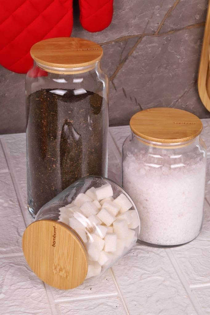 Zone - 3'lü Cam Saklama Kabı 600ml-800ml-1300ml Vakumlu Bambu Kapaklı