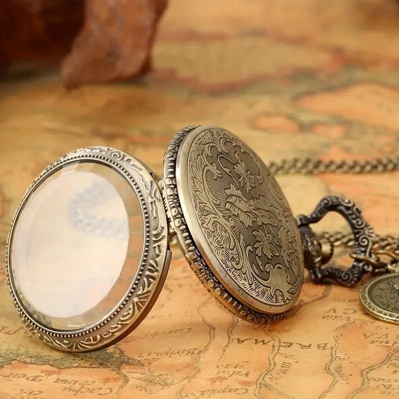 Valkyrie Vintage Antika Tasarım Renkli Roma Rakamlı Bakır Kasa Şeffaf Kapaklı Kuvars Cep Köstekli Saat