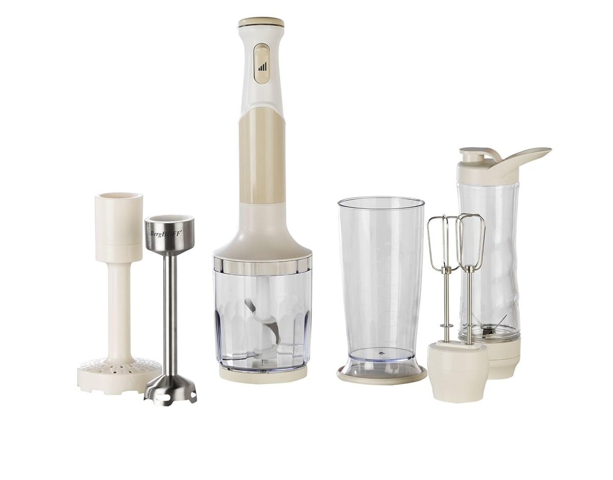 BergHOFF Gem Retro 1200 W El Blender Seti – 800 ml Hazne, 5 Parça Aksesuar, Metal Konektör | Vanilya Krem
