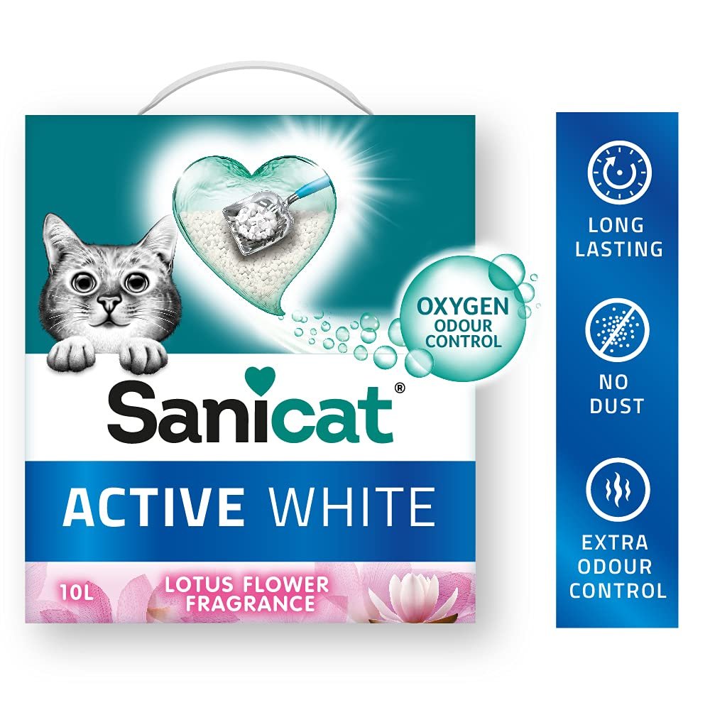 Sanicat - Lotus Çiçeği Kokulu Aktif Beyaz Topaklanan Kedi Kumu, Koku kontrolü garantili doğal minerallerden üretilmiştir, nemi emer ve temizliği kolaylaştırır, 10 L kapasite