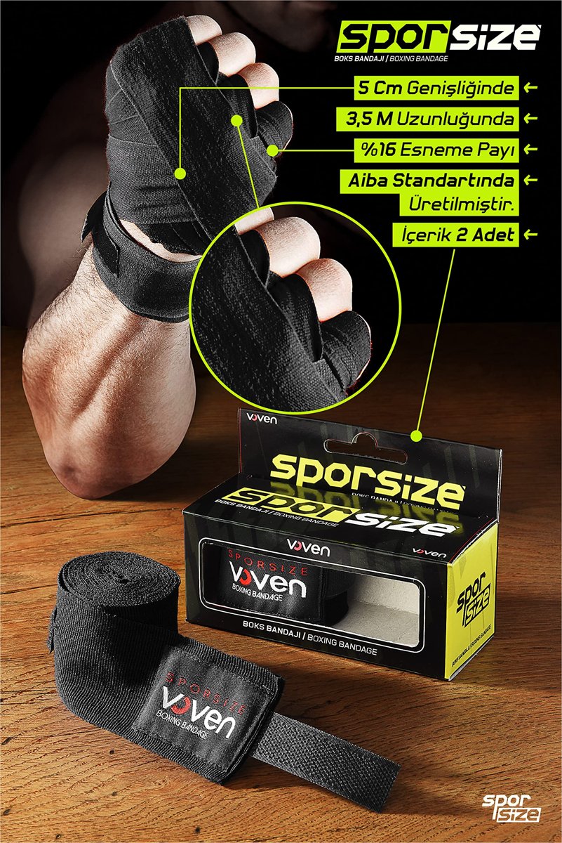 Sporsize Voven Boxing Muay Thai Bandage Black Boks Bandajı Muay Thai Bandajı El Sargısı Tüm Ebatlar, Renkler (Siyah, 3,5 METRE)